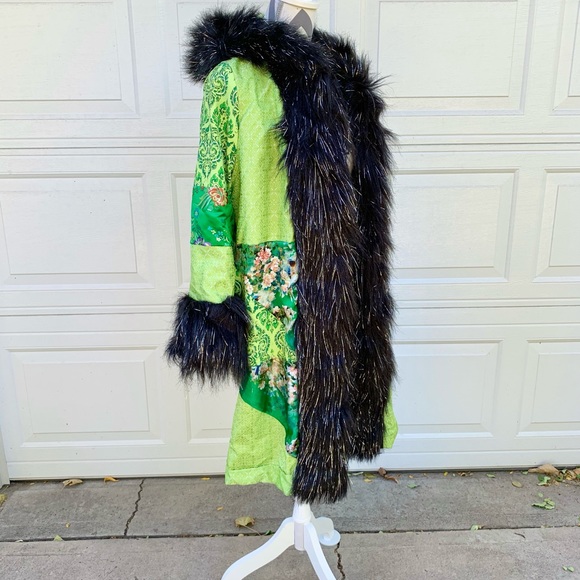 Lux Muse green black fur patchwork festival coat jacket satin lined - Picture 2 of 6